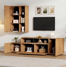 Living Room TV Wall Unit With Cabinet (Complete Set, 2), Media Wall Includes A TV Cover And Shelf, TV Unit With Flexible Length Up To 265 Cm, Vertical And Wall-Mounted, For TVs Up To 120", Wood + Black - Khaki - View 3
