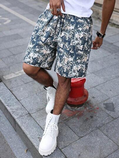 Men's Ditsy Floral Shorts, Summer Thin Icy Silk Drawstring Waist Loose Straight Leg Pants, All-Over Random Camouflage Pattern, Fashionable Y2K Style, Casual Daily Wear, Suitable For Outings, Dates, Outdoor Sports, Beach Vacations, Street Fashion