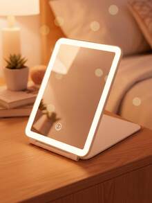 Espejo LED Recargable Viaje Iluminación Ajustable Luz Fría Cálida Plegable Compacto Maquillaje Tocador Portátil - Blanco - Ver 5
