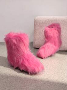 Women's Faux Fur Boots Furry Mid Calf Fur Boots Comfortable Outdoor Flat Shoes Winter Warm Plush Surface Snow Boots - 粉色 - 查看 7