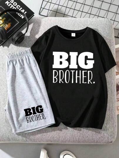 Set de 2 piezas Conjunto de ropa con estampado de letras para niños, de tela cómoda, estilo de fiesta de verano de juegos