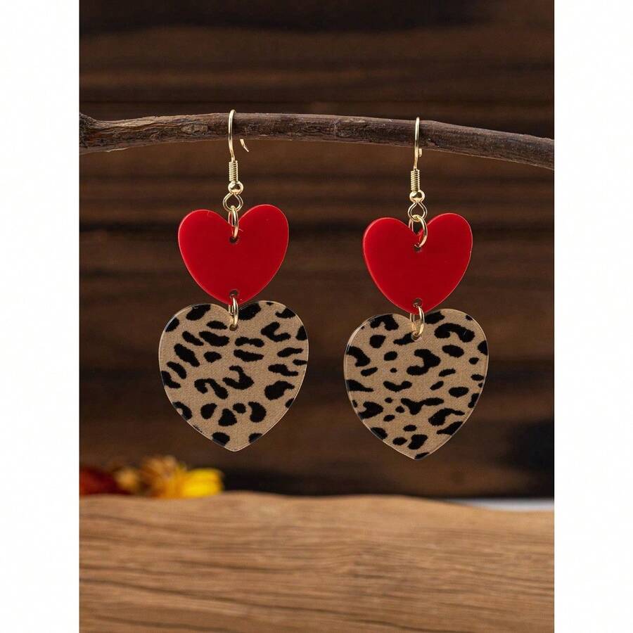 1 Pair Women's Leopard Print & Red Acrylic Heart Shaped Dangle Earrings, Exaggerated Nightclub Party Style Earrings Suitable For Daily Wear - Nhiều màu - Xem 1