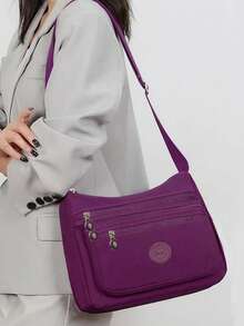 多层休闲帆布大容量斜挎包，轻便布包，背包，牛津布女包，妈妈包 - 紫色 - 查看 4