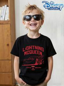 This Disney Cars Lightning McQueen Straight-Line Racing Pattern Summer T-Shirt Is Suitable For Boys And Girls And Makes A Great Gift For Children To Wear To Holiday Parties, Family Gatherings, Outdoor Activities, Travel, And Trips To Disneyland. - 黑色 - 查看 1