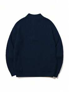 Women's Simple Ribbed Solid Color Casual Korean Textured Commuter Loose Versatile Stand Collar Zipper Half-Placket Pullover Long Sleeve Sweater, Spring/Autumn/Winter - Royal Blue - View 7