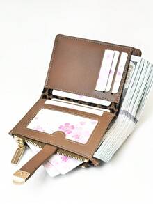 1 pieza Billetera compacta de estilo clásico con estampado de leopardo y parches, de PU marrón con cierre a presión, portador de tarjetas e identificación, ligera para mujer, billetera mini, monedero, billetera pequeña, billetera linda - Marrón - Ver 6