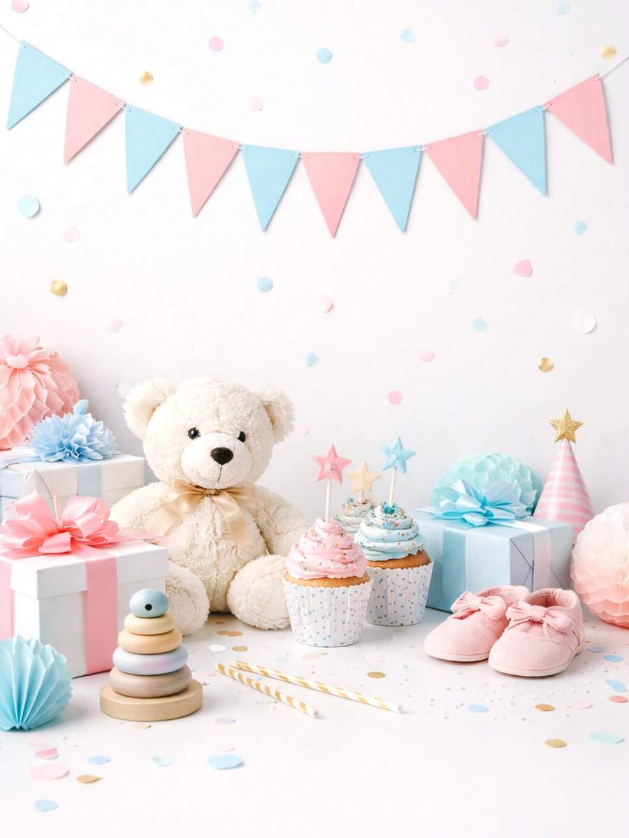 5个性别揭晓三角旗横幅，浅蓝色和粉色纸质三角旗，悬挂装饰，适合婴儿派对（男孩或女孩）性别揭晓派对背景、生日派对、婴儿房装饰 - 彩色 - 查看 1