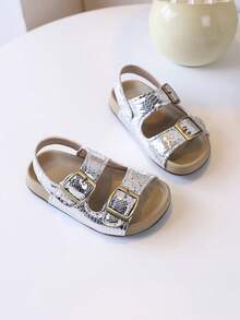 1双PU材质幼儿男女童新款3D纹理沙滩凉鞋，防滑，时尚休闲经典款，适合夏季穿着 - 銀色 - 查看 3