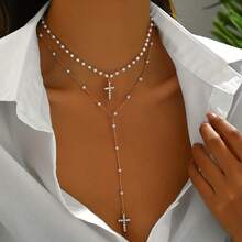 2-Piece Set Of Elegant Y-Shaped Cross Pendant Necklaces For Women, With Handmade Imitation Chain, KC Religious Style, Suitable For Party Wedding Gifts, Daily Wear, And Special Occasions-Creative Gift For Her On Christmas - N-457JS - Xem 3