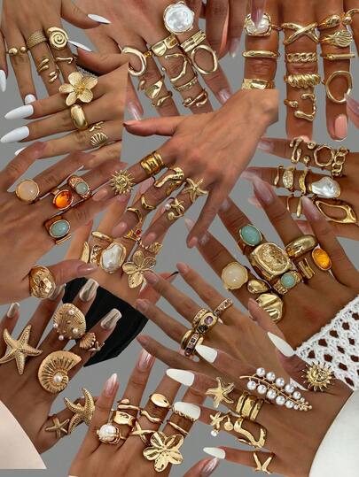 5/25/31/46pcs Set Vintage Exaggerated Rings, Luxury Fashion Diamond Rings, Elegant Geometric Flower Waterdrop Faux Pearl Starfish Asymmetric Hollow Braided Round Smooth Simple Thick Ring Set, Suitable For Daily Wear, Party, Date, Holiday Gift (Random Assorted)