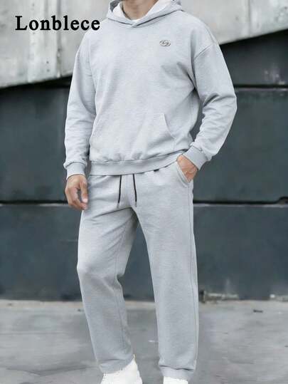 Lonblece 2pcs Men's Casual Hoodie And Pants Set, Soft Street Style, Suitable For Comfortable Daily Wear