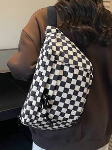 Women's Corduroy Checkerboard Pattern Chest Bag, Multi-Pocket Organizer With Adjustable Strap, Suitable For Daily Commute, Travel, Leisure Shopping - Black - View 3