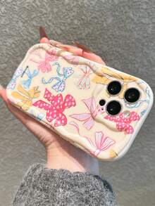 甜美蝴蝶结花卉图案透明3D波浪边全包防摔设计，兼容 17/17 Pro Max/Air/16/16 Pro Max/16 Pro/16 Plus/XR/15/14 Pro Max/12/13 Pro/11，防震耐磨压纹外壳，情人节、圣诞节、送给女朋友的礼物，可个性化定制 - 米色 - 查看 5