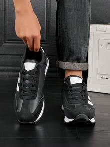 Men's Casual Shoes Retro Running Shoes, Black & White Low-Top Lace-Up Sneakers, Streetwear, Non-Slip & Durable, PU Leather, Lightweight & Soft, Minimalist Streetstyle, Birthday Gift - Black and White - View 2