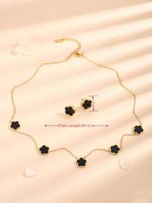 3pcs Fashionable Versatile Stainless Steel Plant Black Jade Five-Petal Flower Earrings, Bracelet, Necklace Jewelry Set - Gold + Black - View 4
