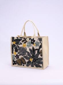 1pc Colorful Sequin & Mesh Patchwork Linen Tote Bag, Fashion Floral & Leaf Embroidery Design, Large Capacity Square Shaped Casual Handbag, Suitable For Shopping, Vacation (Floral Pattern Randomly Distributed) - Black - View 6