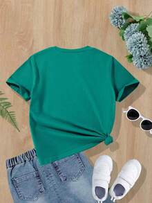 Tween Girls Round Neck Short Sleeve Casual Versatile Letter Graphic T-Shirt, Summer Holiday - Green - View 2
