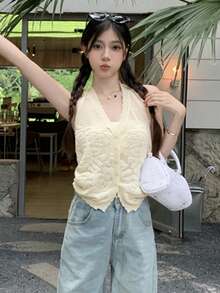 Áo tank top dệt kim họa tiết rỗng với cúc cài dành cho nữ - Màu be - Xem 2