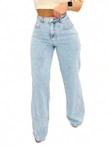Chicsale Straight Jeans, Diagonal Pocket Loose Style Street Fashion Brand Loose Jeans, Ladies Jeans And Clothing - 淺色水洗藍 - 查看 7