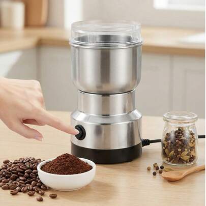 200瓦不锈钢咖啡香料研磨机，插电式，小巧便携，简约设计，一键操作，适合家庭厨房使用