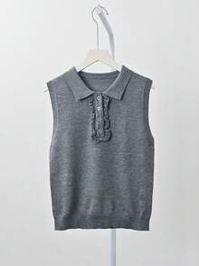Spring Vintage Polo Collar Knit Sleeveless Top, Stylish Slim Fit Tank - Grey - View 3