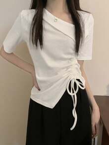 女士休闲不对称领口侧边抽绳短袖T恤，夏季白色 - 白色 - 查看 5