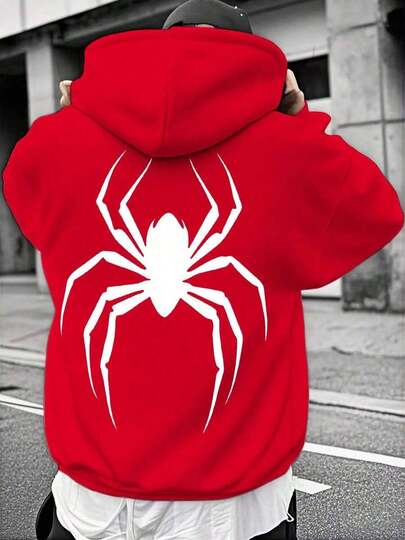 Suéter popular para hombres Ropa de estar en casa para hombres Chaqueta roja de invierno elegante para hombres con gráfico de araña - Chaqueta de invierno casual con cordón, mangas largas y bolsillos |   Chaqueta de Moda |   Sudadera de poliéster suelta y cómoda