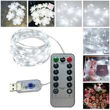 Guirlande lumineuse à LED alimentée par USB 5V, 8 modes d'éclairage avec télécommande, plusieurs tailles au choix 2M20LED 3M30LED 4M40LED 5M50LED 100LED, lampe de style flexible, décoration d'ambiance romantique pour le Ramadan, la Saint-Valentin, le mariage, la fête, la chambre, la table de chevet, la décoration intérieure de la pièce - Blanc - Voir 4