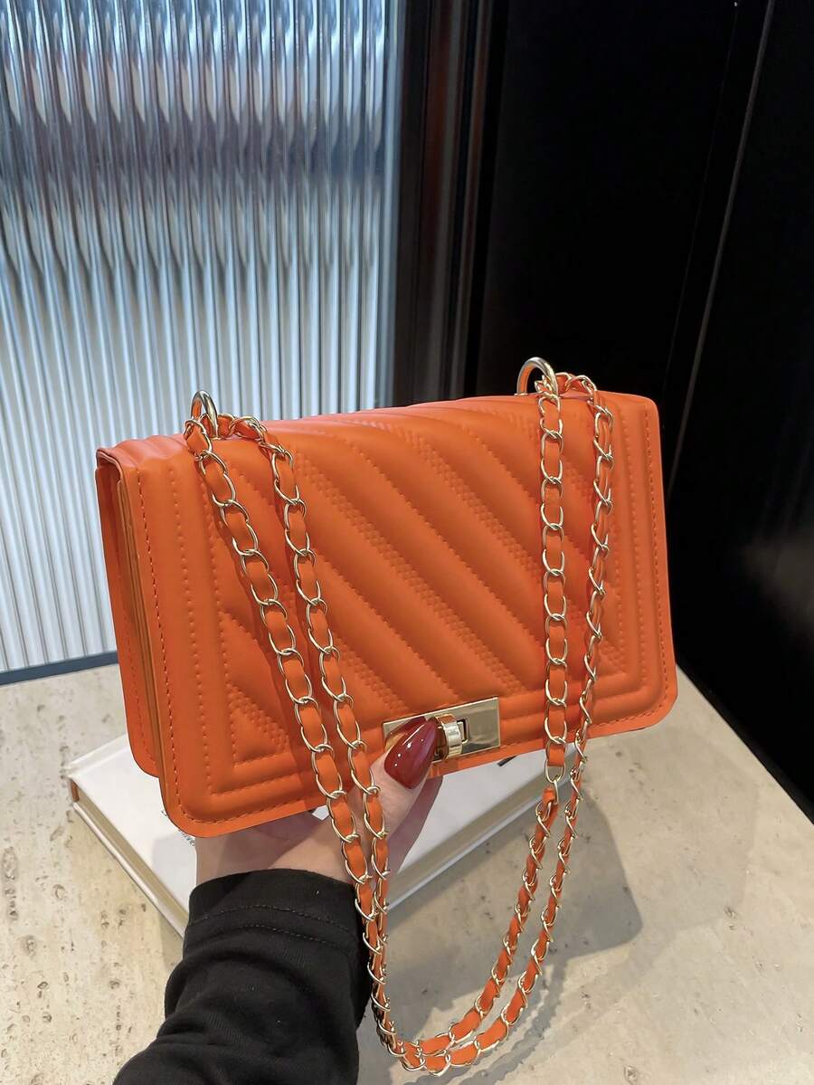 Sac bandoulière mini à la mode en PU gaufré uni, idéal pour les trajets quotidiens, petit sac carré minimaliste à chaîne pour femme - Orange - Voir 1