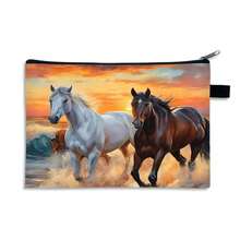 Black & White Horse Pattern Filled Bag, White Horse Animal Lover Style, Fashionable And Casual, Large Capacity, Portable Zipper Polyester Cosmetic Bag, Office Storage Bag, Running Horse Pattern Travel And Holiday Essential Cosmetic Bag, Suitable For Travel, Daily Use - Multicolor - View 11