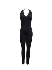 Bộ jumpsuit ôm sát cổ chữ V bằng vải gân, thanh lịch, bán chạy nhất, có thể mặc như lớp lót bên trong hoặc áo khoác ngoài. - màu đen - Xem 5