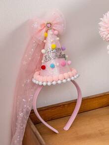 1pc Girls' Party Birthday Hat, Colorful Cake Hat With Letter, Tulle Bow, Candy Birthday Hair Accessory, Suitable For Birthday Party - Multicolor - View 2