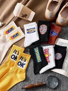 5双装男士彩色时尚街头风字母印花运动中筒袜，防滑、防摩擦、吸湿排汗、防臭，适合篮球、足球等运动，适合春、夏、秋、冬四季穿着，颜色随机。 - 彩色 - 查看 4