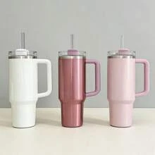STANLEYO Stylish Multi-Color Insulated Travel Tumbler – Glossy White / Metallic Rose Gold / Shimmer Blush Pink – Double-Wall Stainless Steel Cup With Handle & Metal Straw, Leak-Proof Reusable For Coffee, Tea & Smoothies | Ideal Gift For Christmas, Halloween & More For Family & Friends - 彩色 - 查看 3