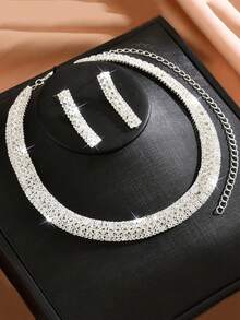 Conjunto de joyas elegante para mujer, joyas de boda, dama de honor y fiesta, aretes y collar con circonita cúbica y cristal, regalo - Plateado - Ver 3