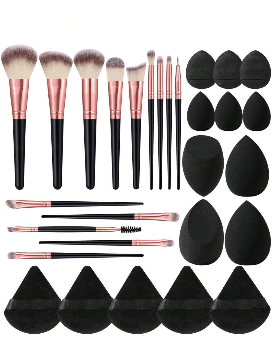 29PCS Makeup Tools Set Including:14PCS Makeup Brush Set+3PCS Mini Air Cushion Powder Puffs+3PCS Mini Makeup Sponges+4PCS Makeup Sponges+5PCS Triangle Powder Puffs,All-In-One & Beginner-Friendly | Travel-Ready & Gift-Ready | Perfect For Newbies/Her - Multicolor - View 1