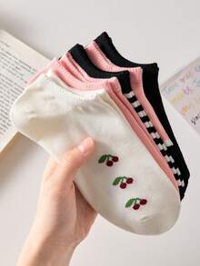 5 Pairs Women's Cute Cherry & Striped Pattern Ankle Socks, Black And Pink, Non-Slip, Breathable, Suitable For Spring/Summer - Multicolor - View 3