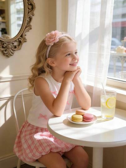 Girls' Sweet Summer Set, White Sleeveless Tank Top With Bow Decor + Pink & White Plaid Ruffle Shorts, Cute & Energetic Children Outfit