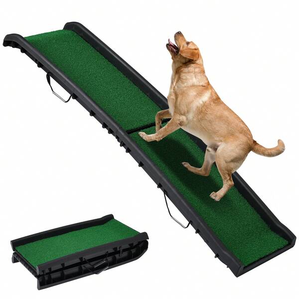 【耐荷重75kg&折りたたみ】2つ折りドッグスロープ 犬ステップ 車用 人工芝付き ペット用スロープ 大型犬 老犬 介護用 収納便利 持ち運び簡単 滑り止め ブラック 40×155cm 通院 ドライブ ペットケア