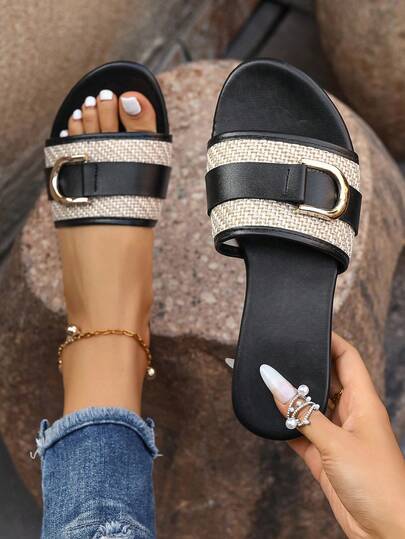 Women's Fashion Versatile Black Strap Round Toe Lightweight Wedge Slide Sandals, Simple & Elegant Casual Slip-On Sandals, Non-Slip Sandals For Outdoor, Plus Size, Suitable For Valentine's Day, Dates, Parties, Summer