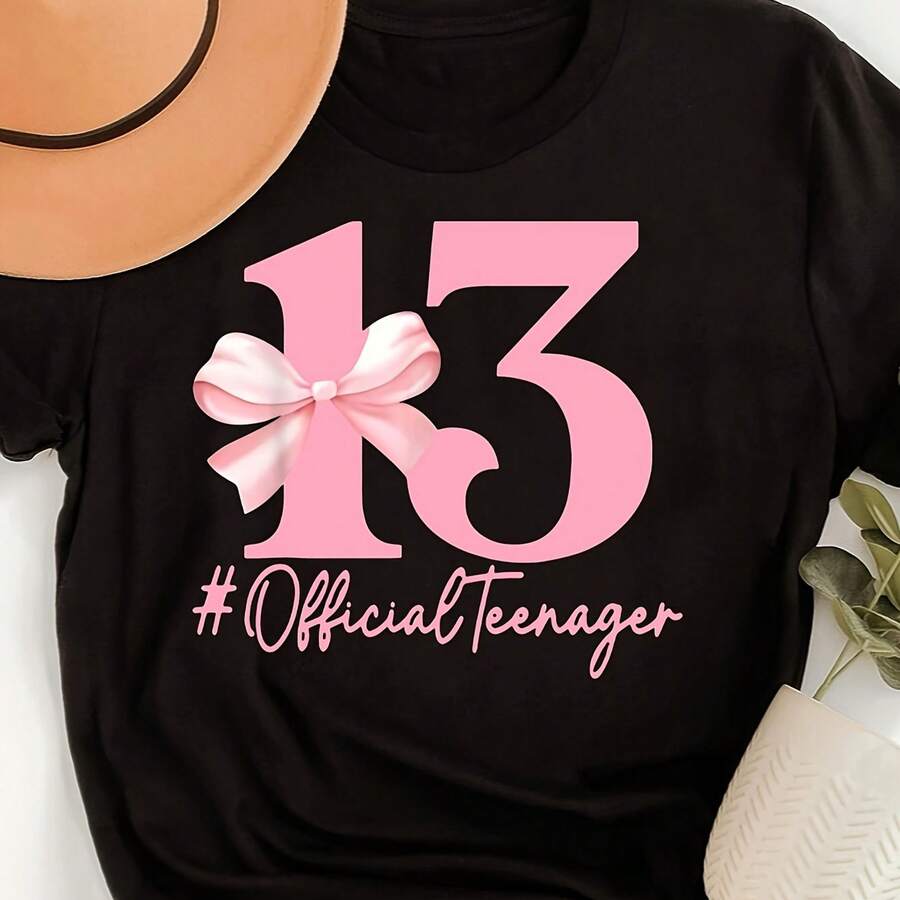 Women' New Style Chinese Numeral (13 Number) T-Shirt - Casual Round Neck Tee Suitable for Casual Attire & Special Events, Machine Washable, Year-Round with Chinese Numerals Print - Negro - Ver 1