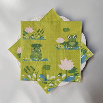 16pcs Green Frog, White Lotus, Blue Wave Pattern Disposable Printed Napkins, Fresh And Cute Style, Suitable For Spring Tea Party, Party Decorations, Bridal Shower, Wedding, Birthday Party, Restaurants, Cafes Table Decor, Ideal For Paper Cutting Crafts