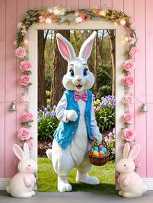 1 pieza Bandera de puerta 2D, Cartel de puerta de Pascua feliz, Decoración de porche con patrón de corona de conejo vibrante, Decoración de Pascua, Regalo, Poliéster brillante, Adecuado para decoración de primavera en el hogar, Decoración colgante para puerta delantera, Suministros de fondo de fotografía - Multicolor - Ver 19