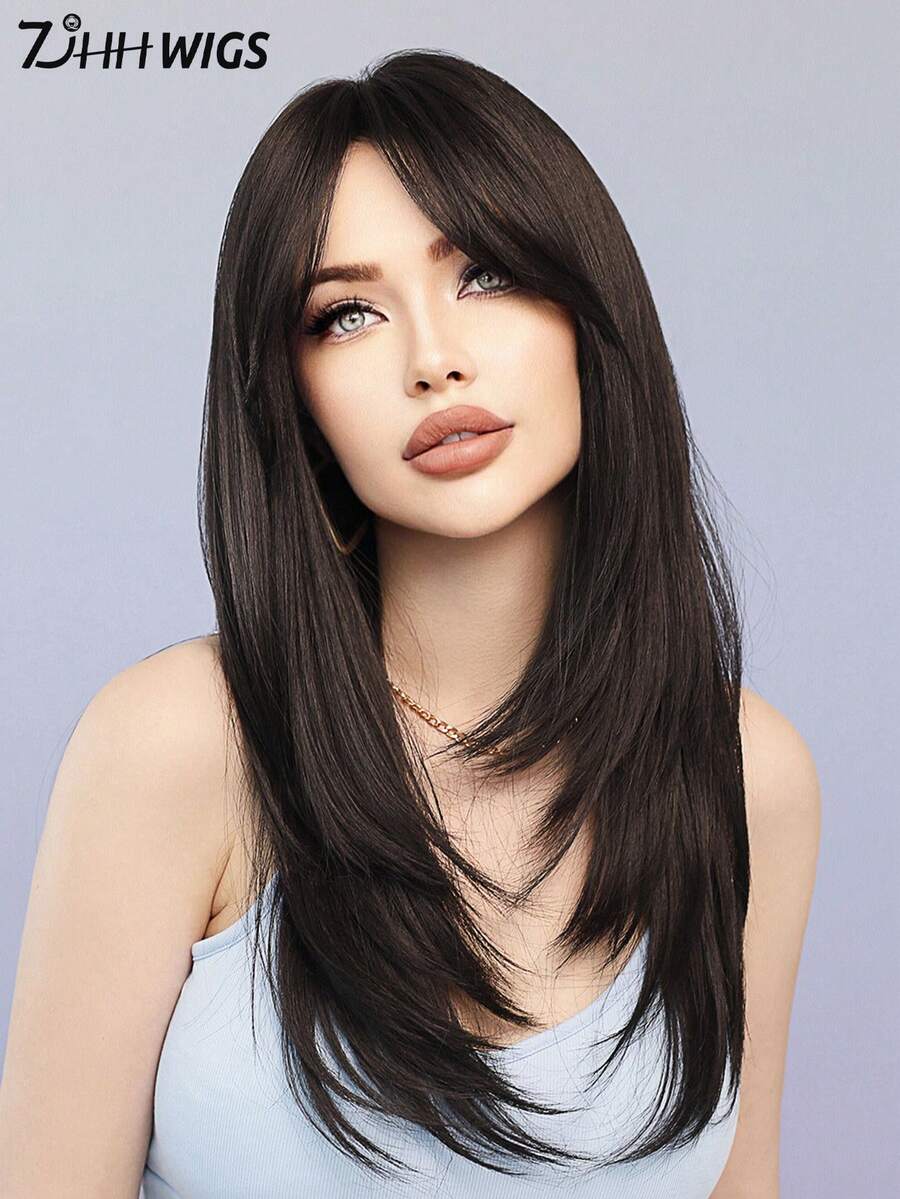 7JHH WIGS 優雅 24 英吋長深棕色分層假髮，附簾幕瀏海，適合女性日常配戴，天然合成耐熱纖維髮絲，中分鬆散波浪黑假髮，母親節禮物