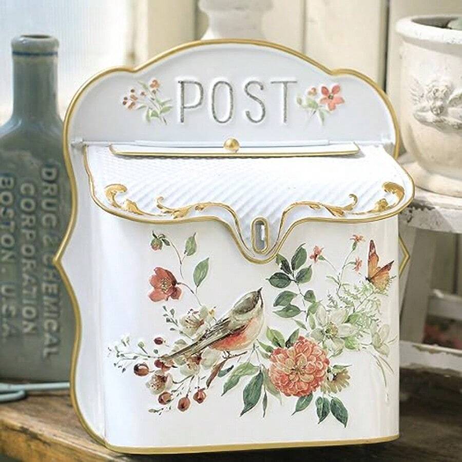 Wall Mount Mailbox For House Outside Vintage Metal Door Mailbox Antique Style Nostalgic Charm Home Decor Garden Vintage English Cottage Decor Flower Patter - White - View 1