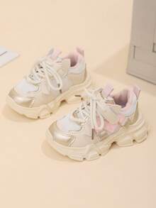 Girls' Fashion Sneakers, Low-Top Mesh Faux Leather, Breathable & Comfortable, Shock-Absorbing Tennis Shoes, Striped & Random Patterns, & Lace Closure, Suitable For Outdoor Activities, All Seasons, Casual & Hiking, Ages 14 & Under - Beige - View 8