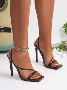 1 Pair Solid Color PU Leather High Heel Sandals, Square Toe Stilettos Stilettos For Women, Summer - Burgundy - View 2