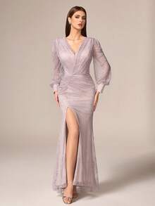 VIPGIRL Elegant Women's Long Lace Gown With Deep V Neck And Long Raglan Sleeves Formal Dress - Dusty Pink - View 4