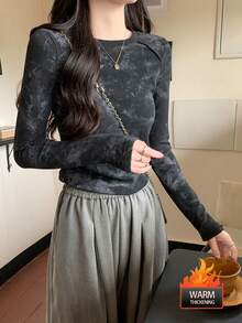 2025年冬季女款双面丝绒扎染褶皱休闲叠穿长袖上衣 - 250黑色 - 查看 2