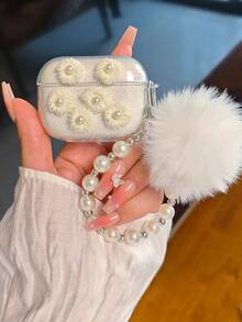1pc White Romantic Pearl Flower Shiny Earphone Case + White Fuzzy Pom Pom Earphone Chain - Clear - View 2